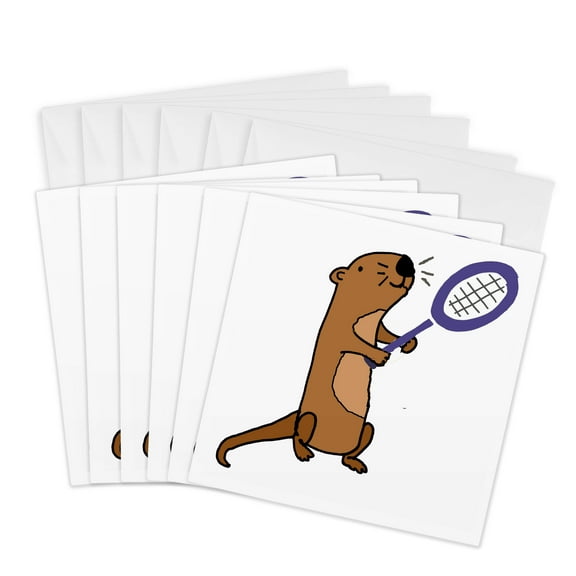 3drose, Funny Cute Sea Otter Playing Tennis Cartoon, 6 Greeting Cards with Envelopes