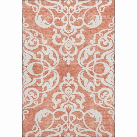 HomeRoots 676912 8 x 10 ft. Coral & Ivory Damask Washable Machine Made Rectangle Area Rug with UV Protection