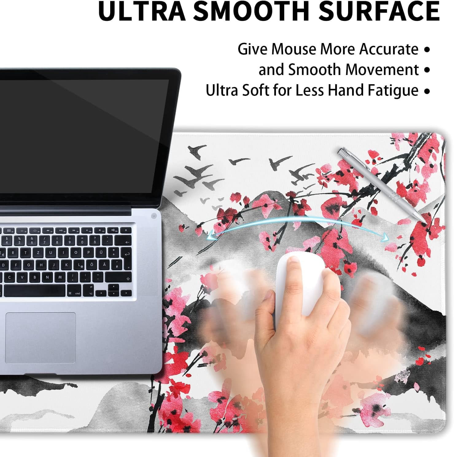 Japanese Cherry Blossom Mouse Pad 35.4x15.7in XXL Full Desk Pink Watercolor Art, Cool Design Gaming Mousepad, Extended Large NonSlip Rubber Base, Stitched Edges