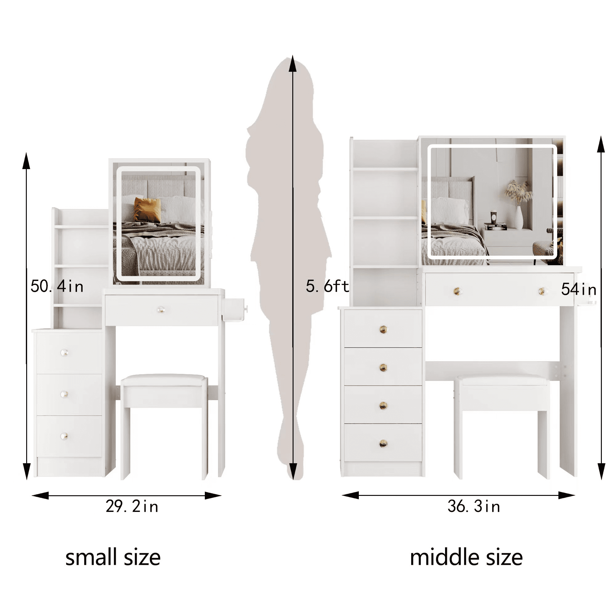 29.2" Small Size Left Bedside Cabinet Vanity Table + Cushioned Stool, 2 AC+2 USB Power Station, Hair dryer bracket, Extra Large Touch Control Sliding LED Mirror