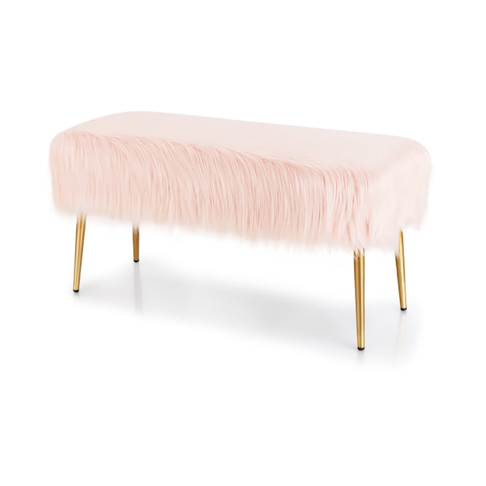 Finihen Upholstered Faux Fur Vanity Stool Chair, Footstool Ottoman, Vanity Stool with Golden Metal Legs, Decorative Furniture Footrest, for Makeup Room, Living Room, Bedroom, Pink