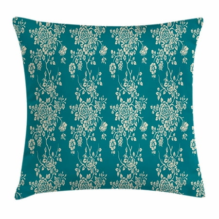 Blossoming Bouquet (Leaf Throw Pillow Cushion Cover, Romantic Roses on Blossoming Branches in Abstract Style Old Fashioned Bouquet Art, Decorative Square Accent Pillow Case, 18 X 18 Inches, Teal Beige, by)