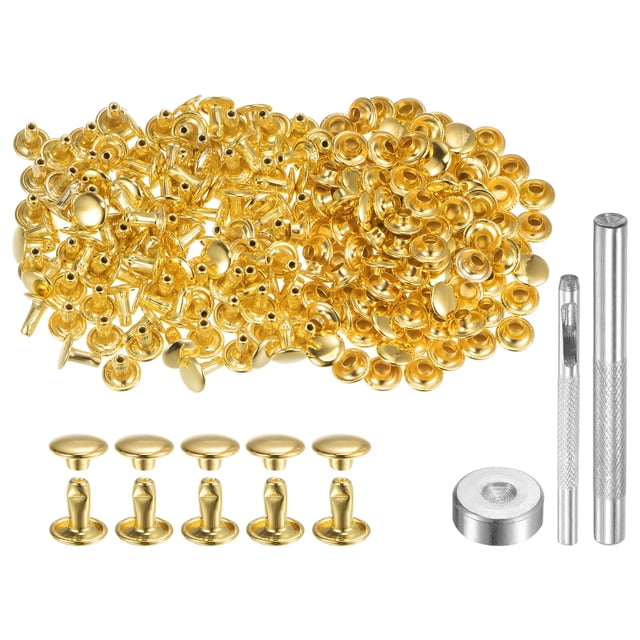 Unique Bargains 200 Sets Leather Rivets 8 x 8mm Metal with 3 Setter Tools, Gold Tone