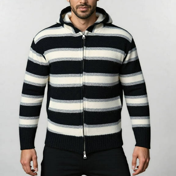 Men's Striped Knit Pullover Hoodie Full Zip Fashion Loose Ribbed Hem Casual Long Sleeve Sweatshirts with Pockets (L, Black)