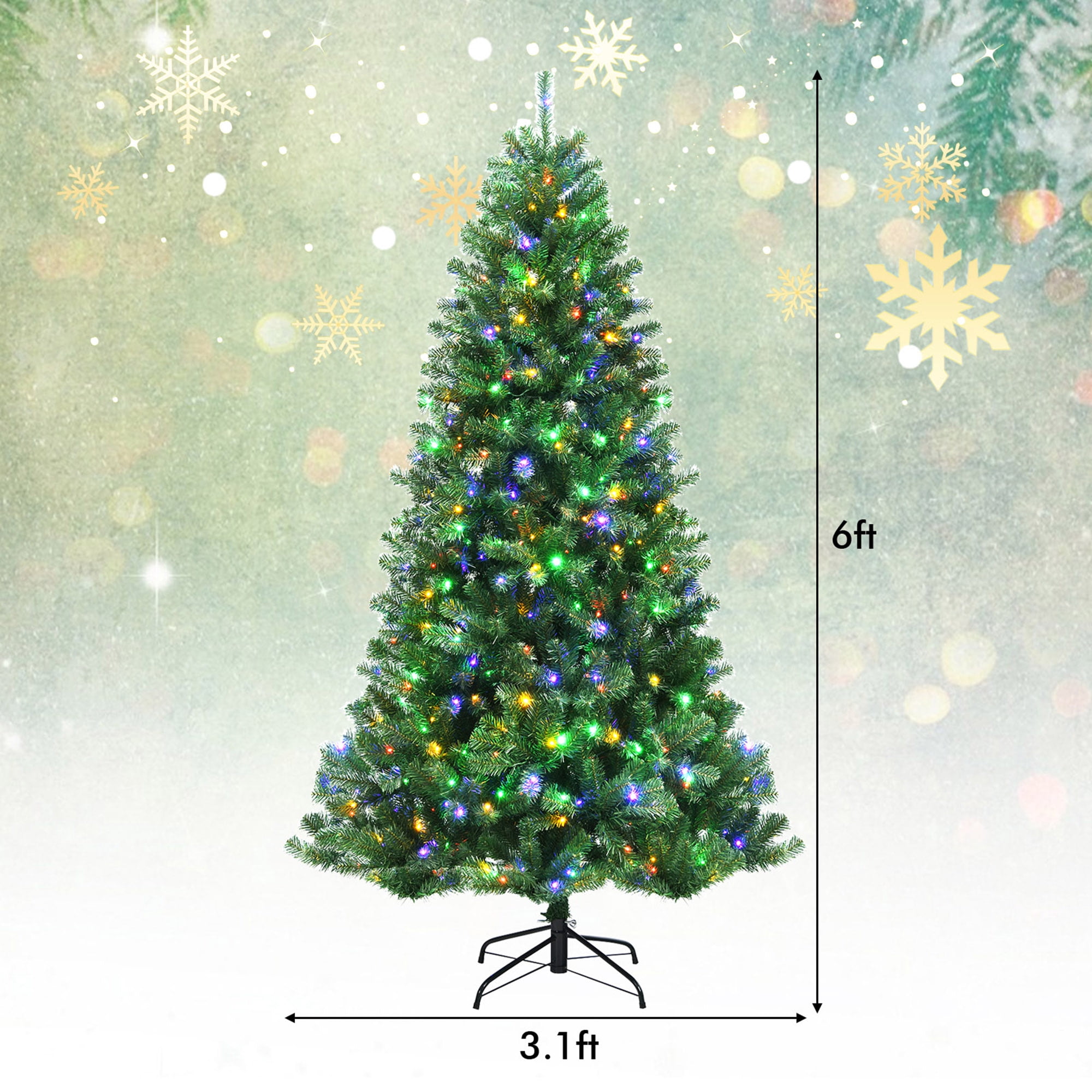 Gymax 6 FT Pre-lit Artificial Christmas Tree Hinged Xmas Tree w/ 9 Lighting Modes