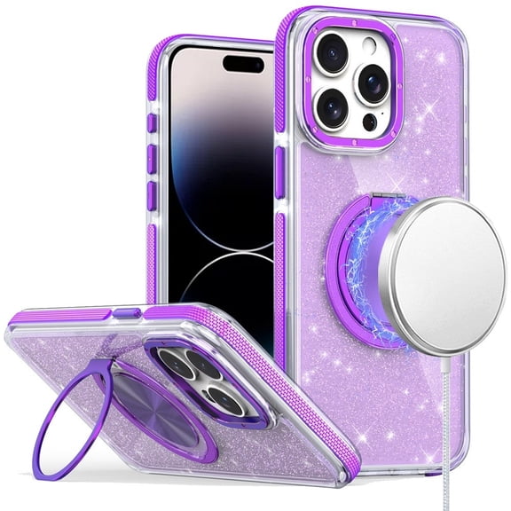 For Apple iPhone 14 Pro Max Case, Slim Bling Glitter Sparkly Shimmer Hybrid with Magnetic Ring and 360° Rotational Stand [Compatible with Magsafe] Phone Cover (Purple)