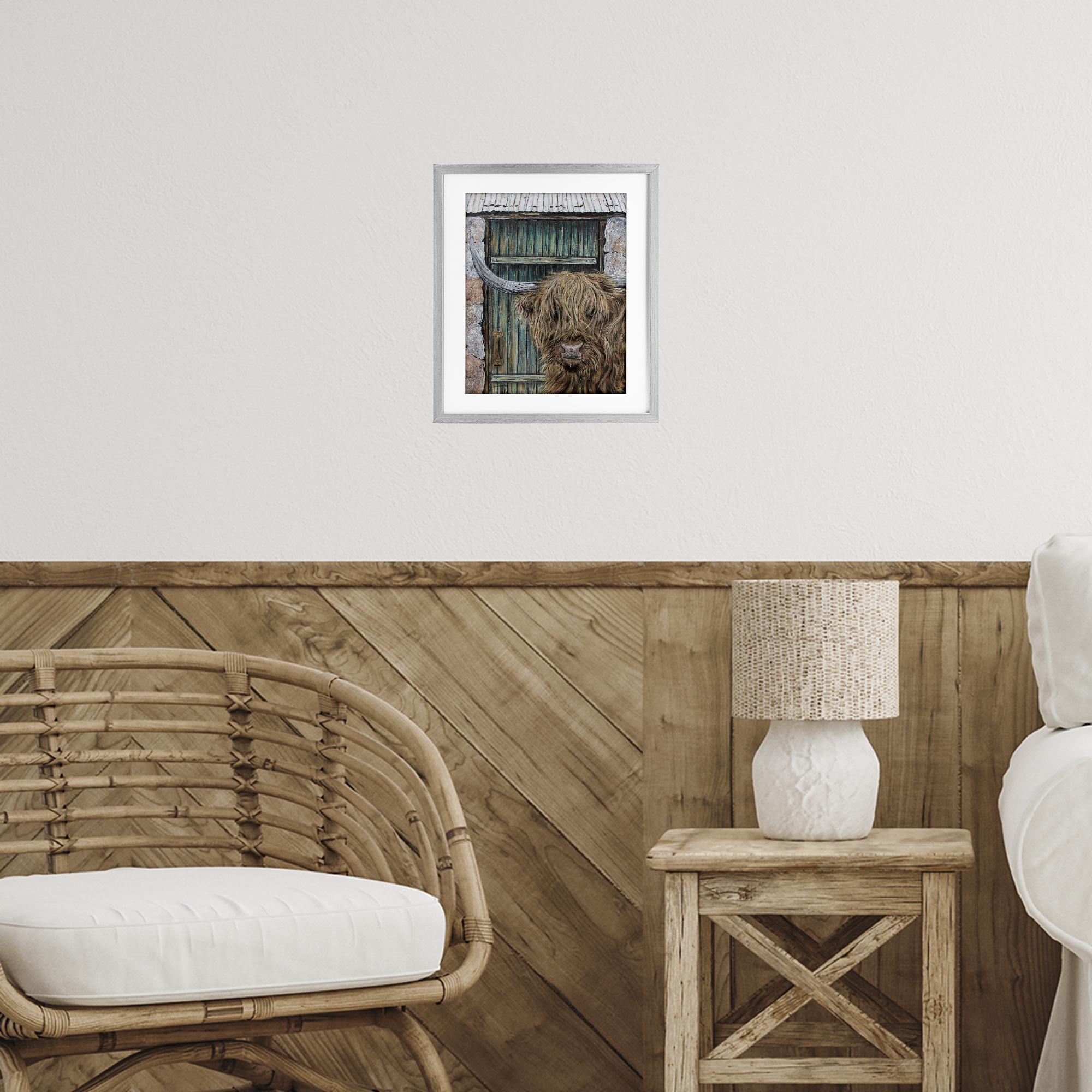 Highland Cow by Barn Door Gray Framed Print Under Glass, design by Jean Plout