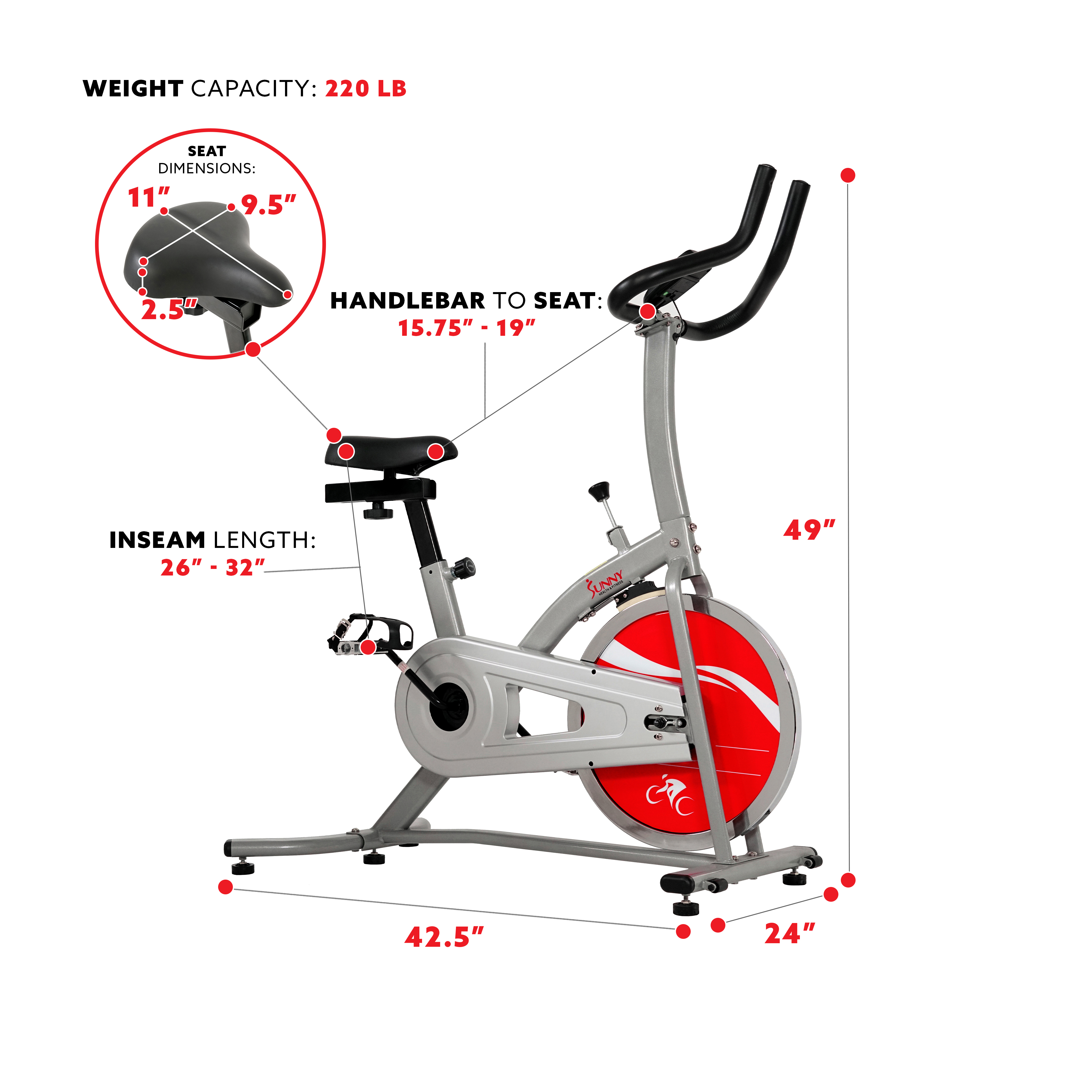 Sunny Health & Fitness Indoor Cycling Exercise Stationary Bike with Monitor and Flywheel Bike for Home Workout Trainer, SF-B1203 - image 5 of 6