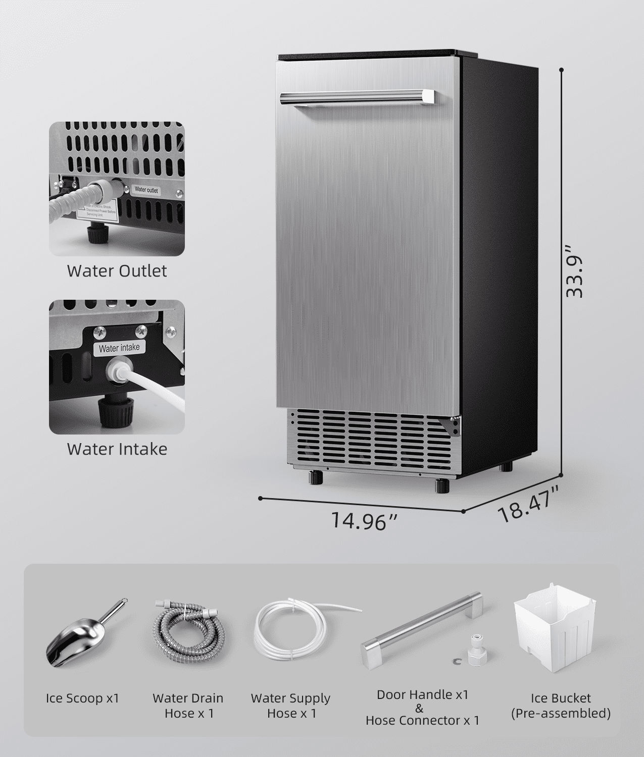 Ecozy Chillio Under Counter Commercial Ice Maker, Produces 80 lbs/24H with 24 lbs Storage Capacity, Built-In or Freestanding Design, Features Auto Self-Cleaning, 24H Timer, Smart LCD Control Panel
