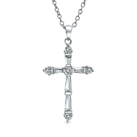 - Bling Jewelry Baguette CZ Cross Pendant Necklace 16in Rhodium Plated