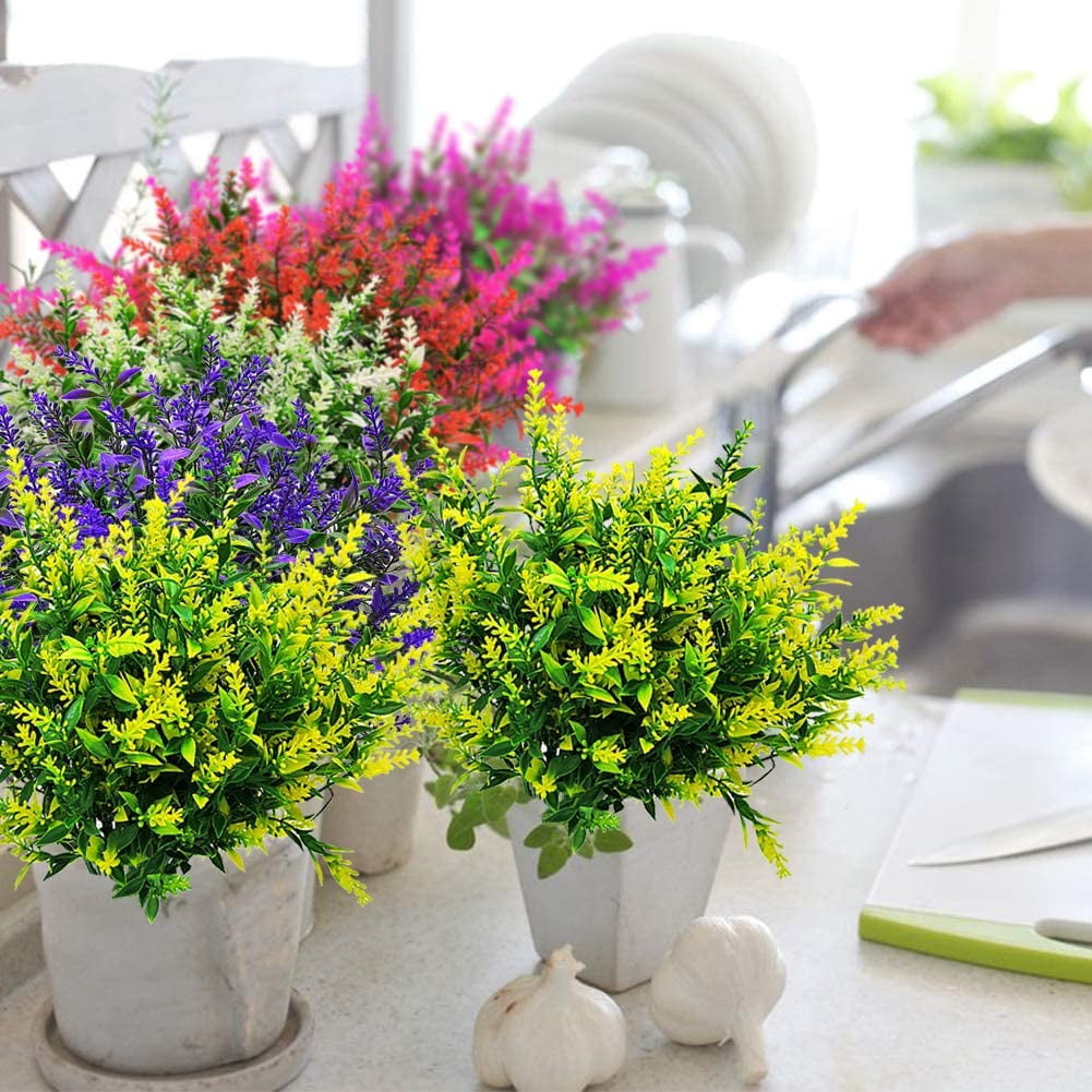 10 Bundles Artificial Lavender Flowers Outdoor Fake Plants Faux Plastic UV Resistant Flowers for Home Garden Porch Window Box and Cemetary Grave Decorations (10, Blue)