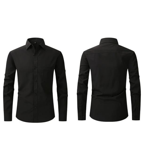 pstuiky manga larga de hombre, Camisa informal de color liso con botones, manga larga, cuello vuelto, transpirable y elástica para hombre Tops de talla grande para hombre xxl