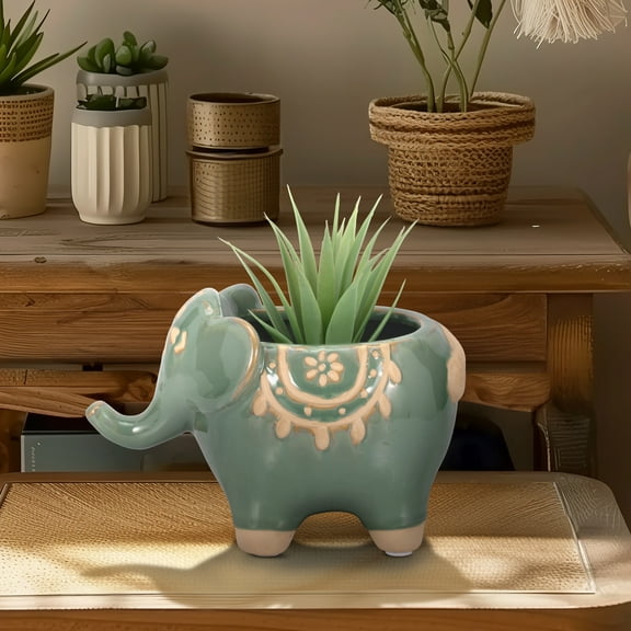 Elephant Planter with Drainage Hole - Decorative Bohemian Ceramic Pot for Indoor & Outdoor Plants - Garden & Home Decor - 5" Green