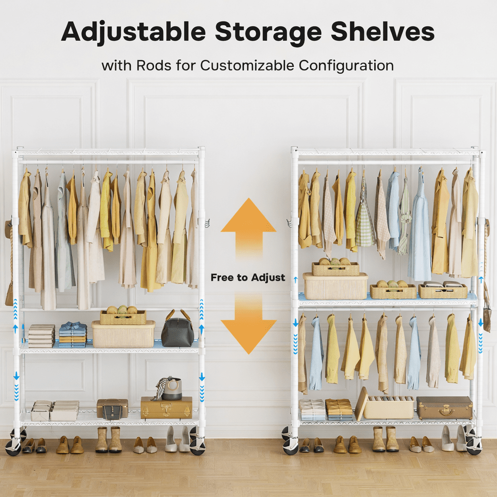 Simple Deluxe Rolling Clothes Rack, Heavy Duty Clothing Rack, 3-Shelf Portable Adjustable Wardrobe Closet with Wheels, Hanging Rods & Side Hooks, 43.3" W x 17.7" D x 80.3" H, White