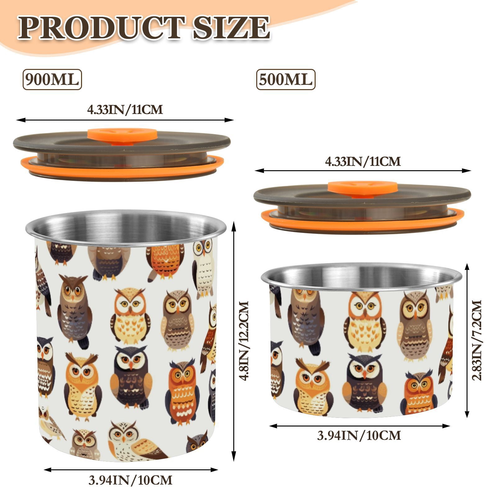 Cartoon Owl Prints Airtight Coffee Bean Canister 30oz Food Storage Containers with Lids For Gournd, Tea, Sugar, Flour, Rice, Cereal, Candy Cookie Jar