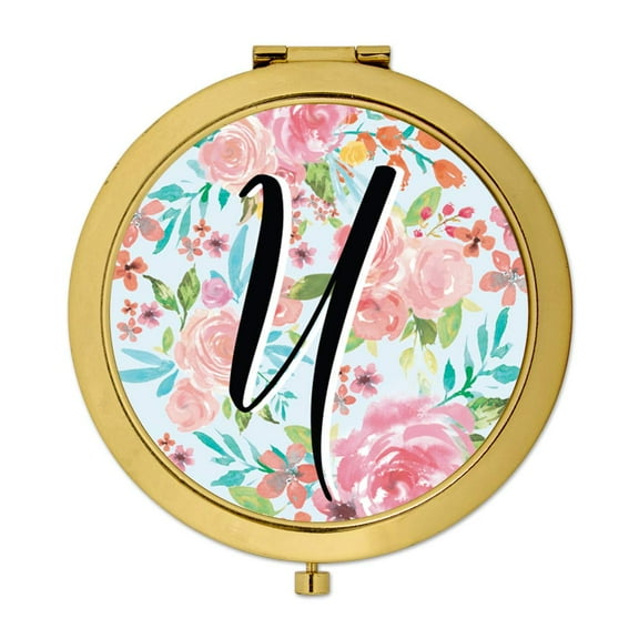 Koyal Wholesale Compact Mirror Bridesmaid's Wedding Gift, Gold, Monogram Letter U, Tea Party Pink Floral Flowers, 1-Pack