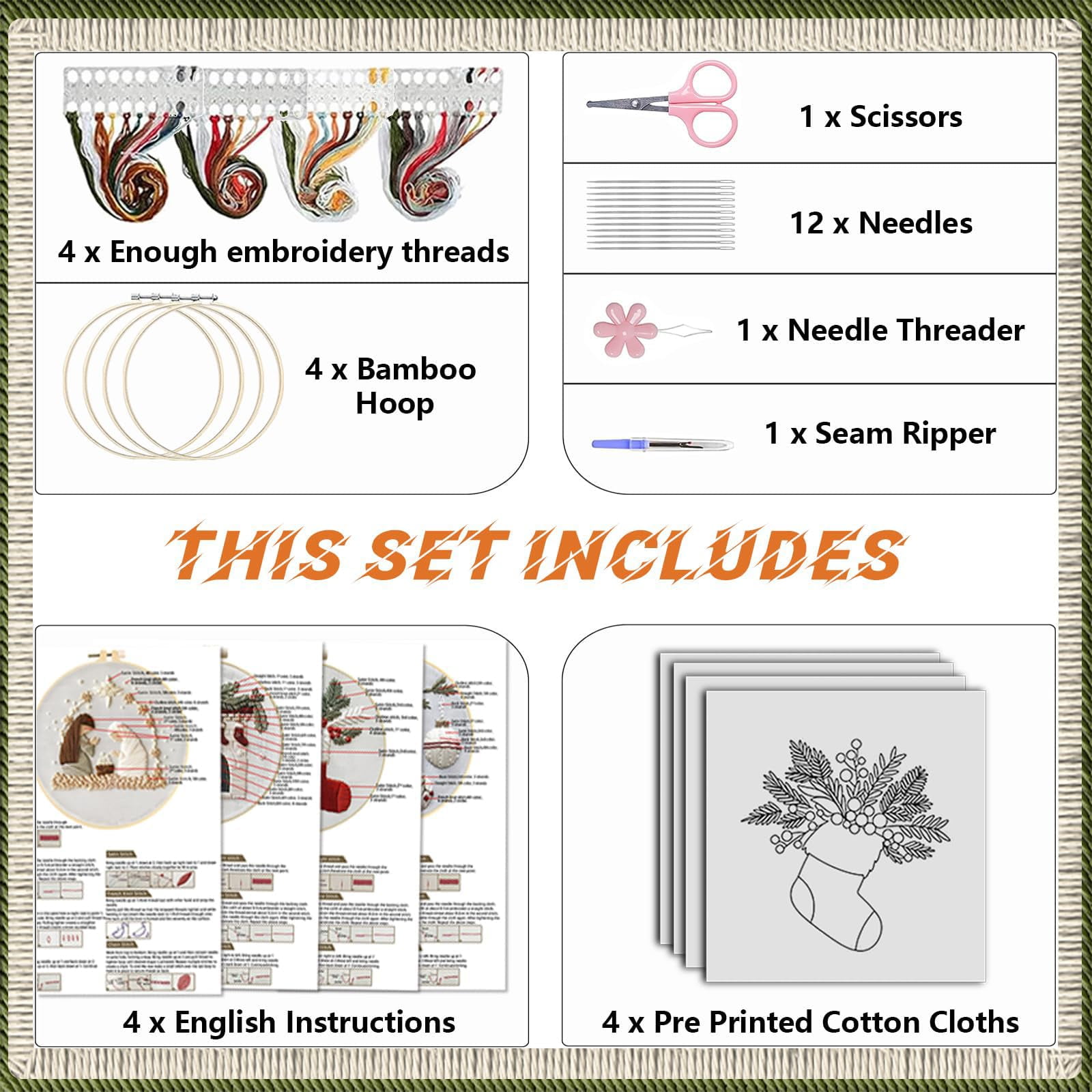 a QSTNOLOGY 4 Sets Christmas Embroidery Kits for Adults, Embroidery Kit for Beginners, Cross Stitch Kits for Beginners with Pattern, Needles, Threads, Tools (Holly+Holiday+Gnome+Nativity Manger)