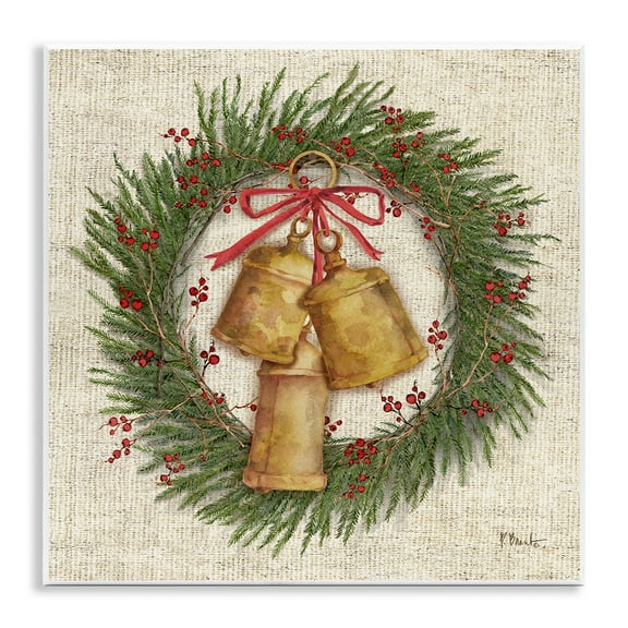 Stupell Industries Festive Bells Wreath Holiday Painting Unframed Art Print Wall Art, 12 x 12