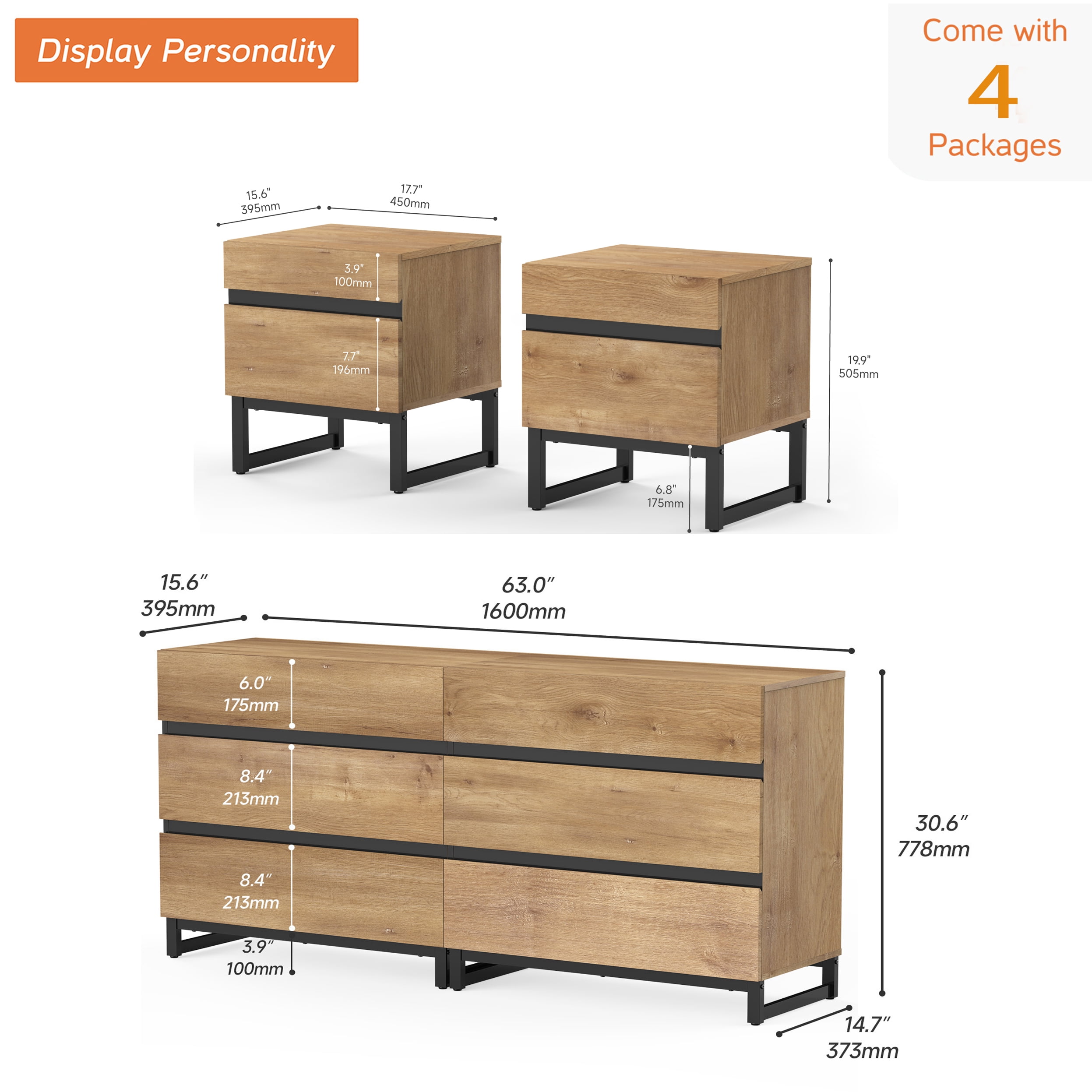 WAMPAT 3 Piece Bedroom Furniture Sets, 63 Inch Dresser and Chest with 6 Drawers,2 Nightstands with 2 Drawers Side Table for Bedroom,Oak