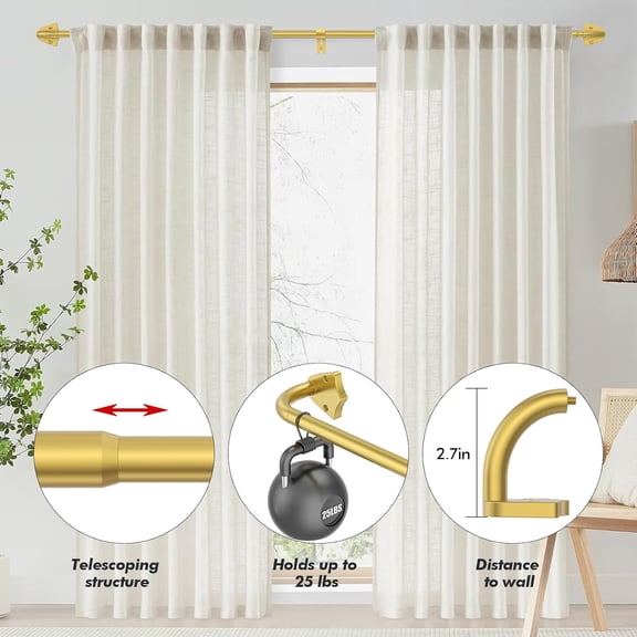 JUNCHI-Wrap Around Curtain Rod for Windows 32 to 90 inch Adjustable, Gold Curtain Rod 5/8 inch Diameter, Blackout Curtain Rods for Bedroom Living Room