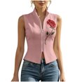 thumbnail image 2 of Karymi Blouses for Women Red Rose Print Sleeveless Vest, Stand Collar Full Zip Front Slim Fitted Cropped Waistcoat, Casual Layering Jacket Cute Tops for Women, 2 of 8