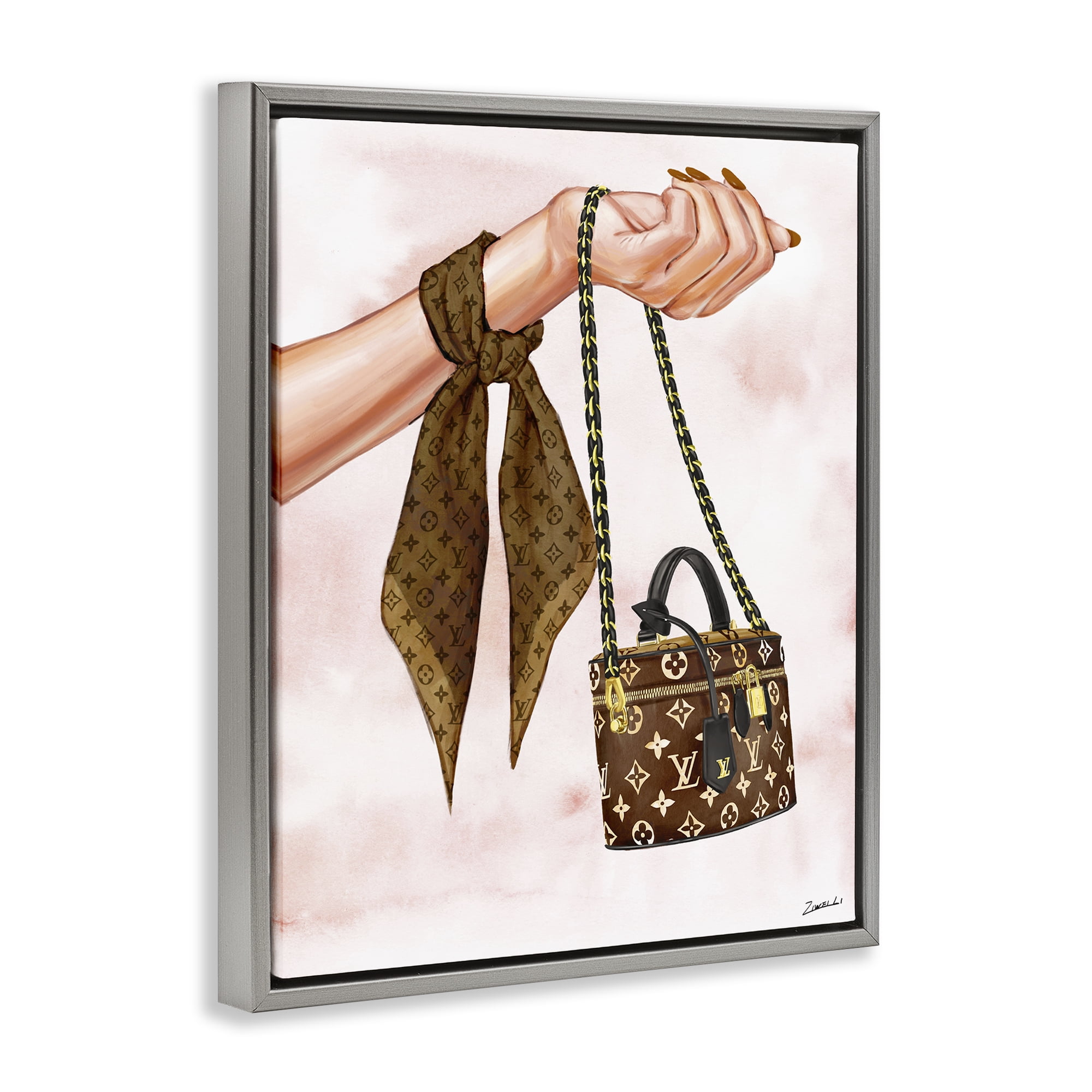 Stupell Industries Trendy Handbag on Wrist Fashion Painting Gray Floater Framed Canvas Art Print Wall Art, 17 x 21