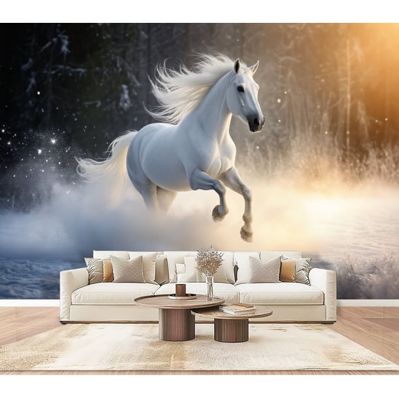Wallpaper Majestic White Horse Galloping Snowy Forest Sunset Peel and Stick Wall Murals 100"H x 144"W Removable PVC Wall Paper Self-Adhesive Wall Paintings Art Decor for Bedroom Living Room