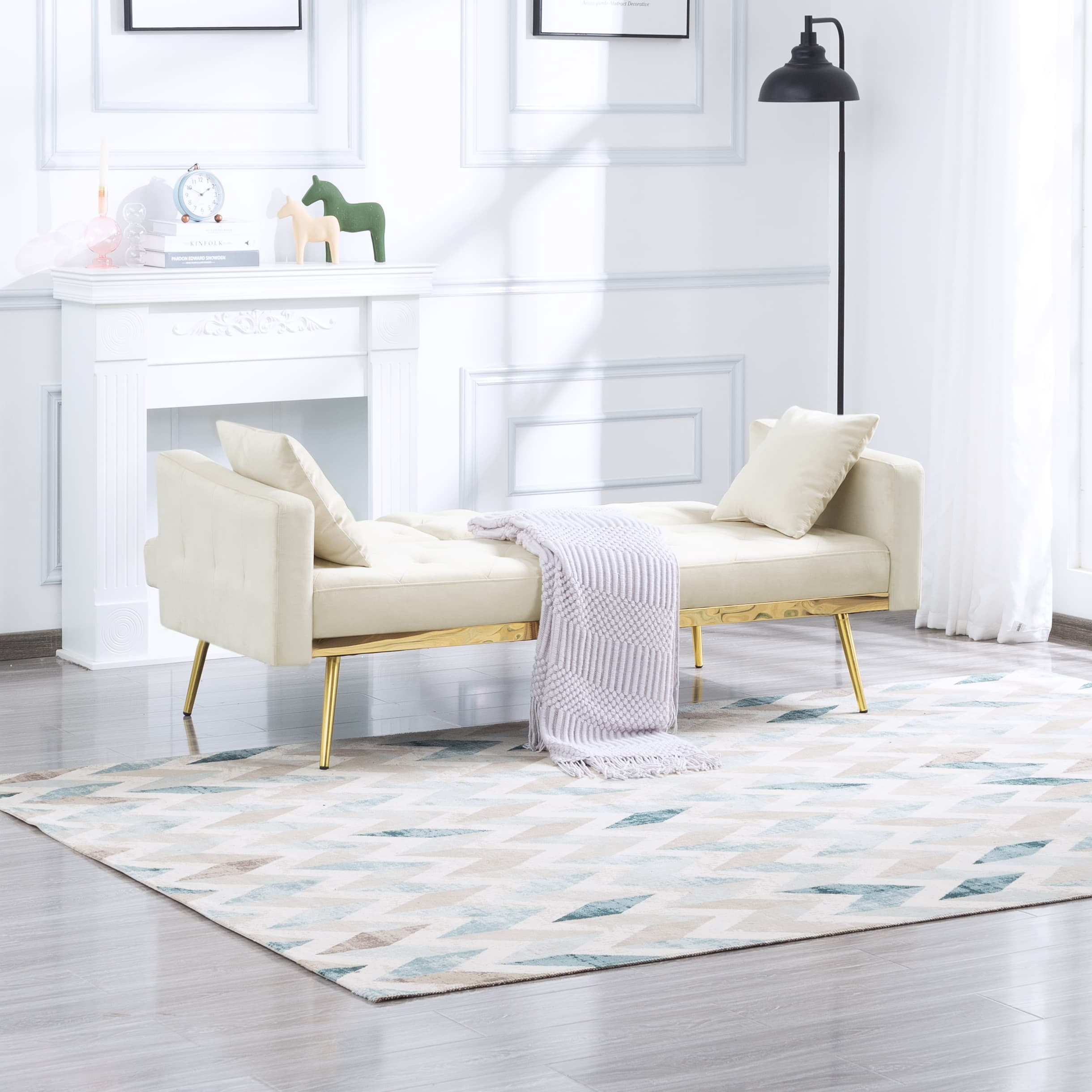 BSHTI 67.7”Futon Sofa Bed,Twin Size,3 Adjustable Positions Tufted Back,Square Arms and Tapered Metal Legs,Built-in Two Cup Holders Beige