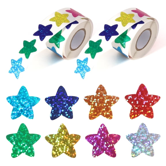 2 Rolls 1000 Pcs Star Stickers for Reward, 1 inch 8 Colors Sparkle Foil Holographic Glitter Star Stickers, for Behavior Record Chart, Planner, Teacher Classroom Supplies