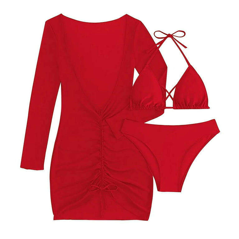 RQYYD Womens 3 Piece Swimsuit Sexy Halter Triangle Bikini High Waist Mesh  Beach Swimwear Bathing Suit Cover Up Dress(Red,L) 