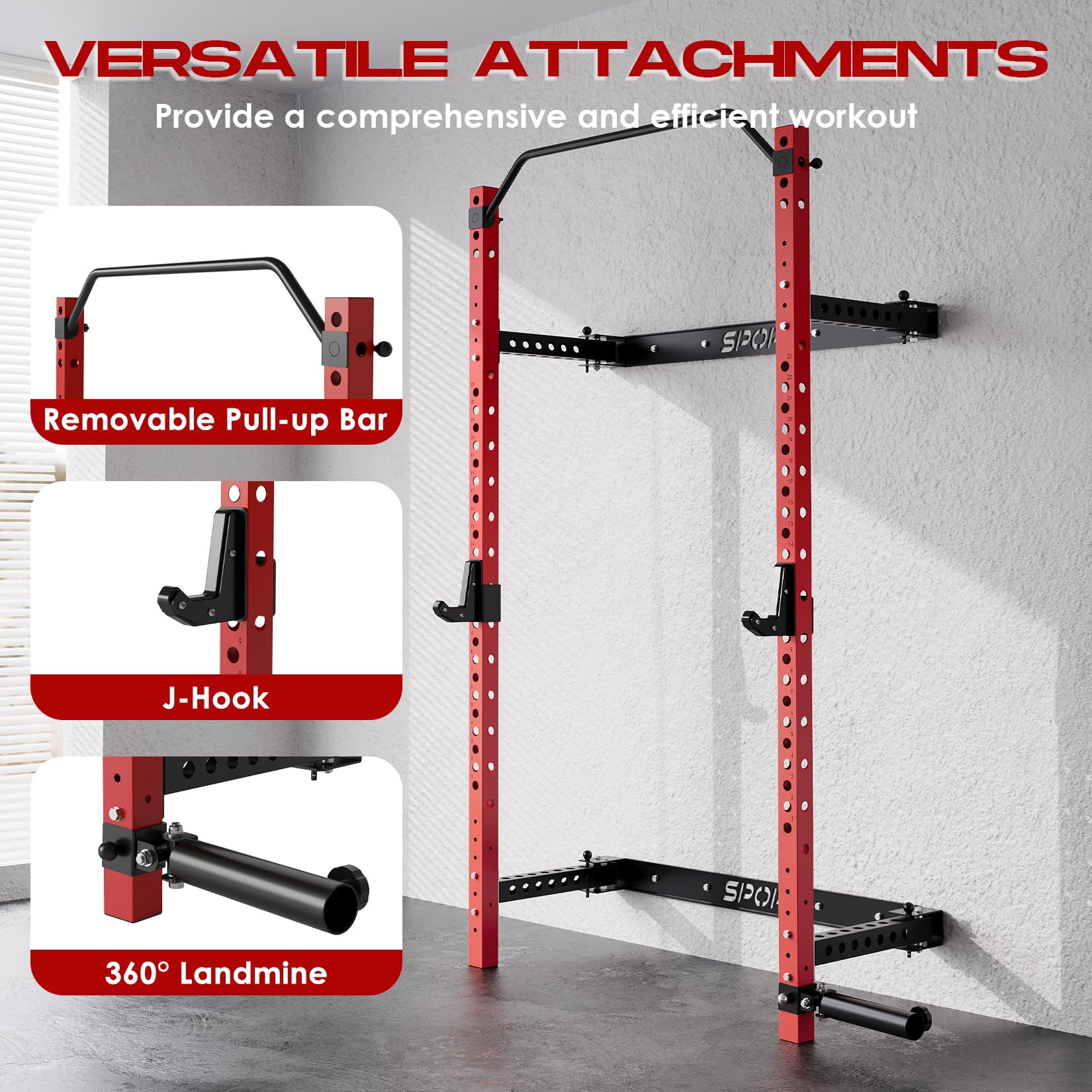 QinaQin Foldable Wall Mounted Squat Rack, 1000 Lb Capacity Home Gym Rack with Pull Up Bar, J Hooks and Landmine