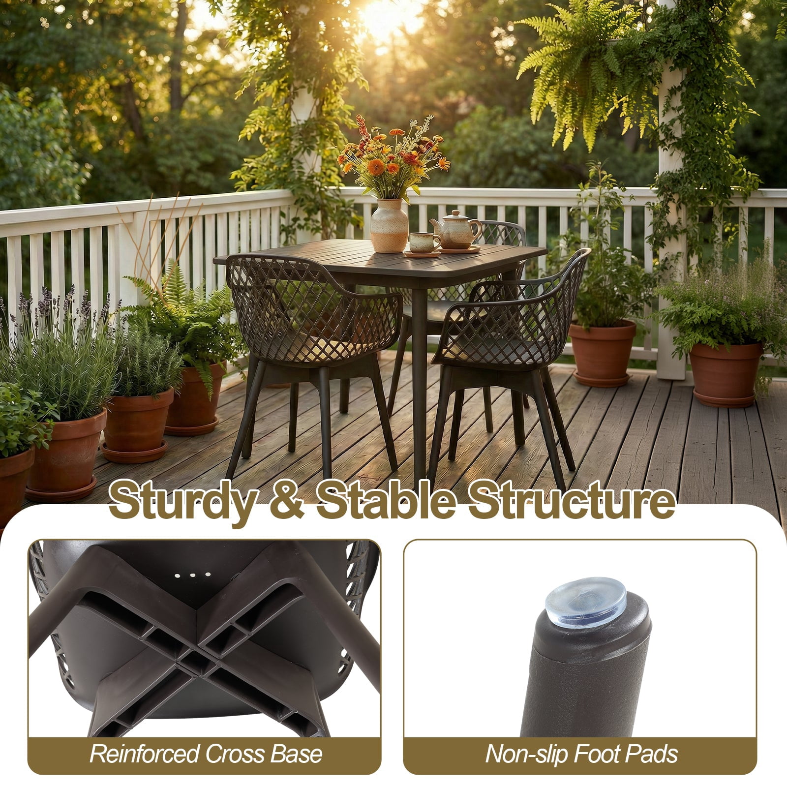 Aoodor Modern Dining Chairs Set of 2, Weather-Resistant Plastic Cafe Chairs with Ergonomic Back and Non-Slip Pad, Suitable for Patio, Restaurant, Yard, Porch, Balcony, Brown