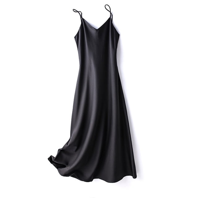 Laklulu Vestido de fiesta de satén con tirantes finos sin mangas para mujer, para invitados de boda, cóctel, noche, formal, negro, L
