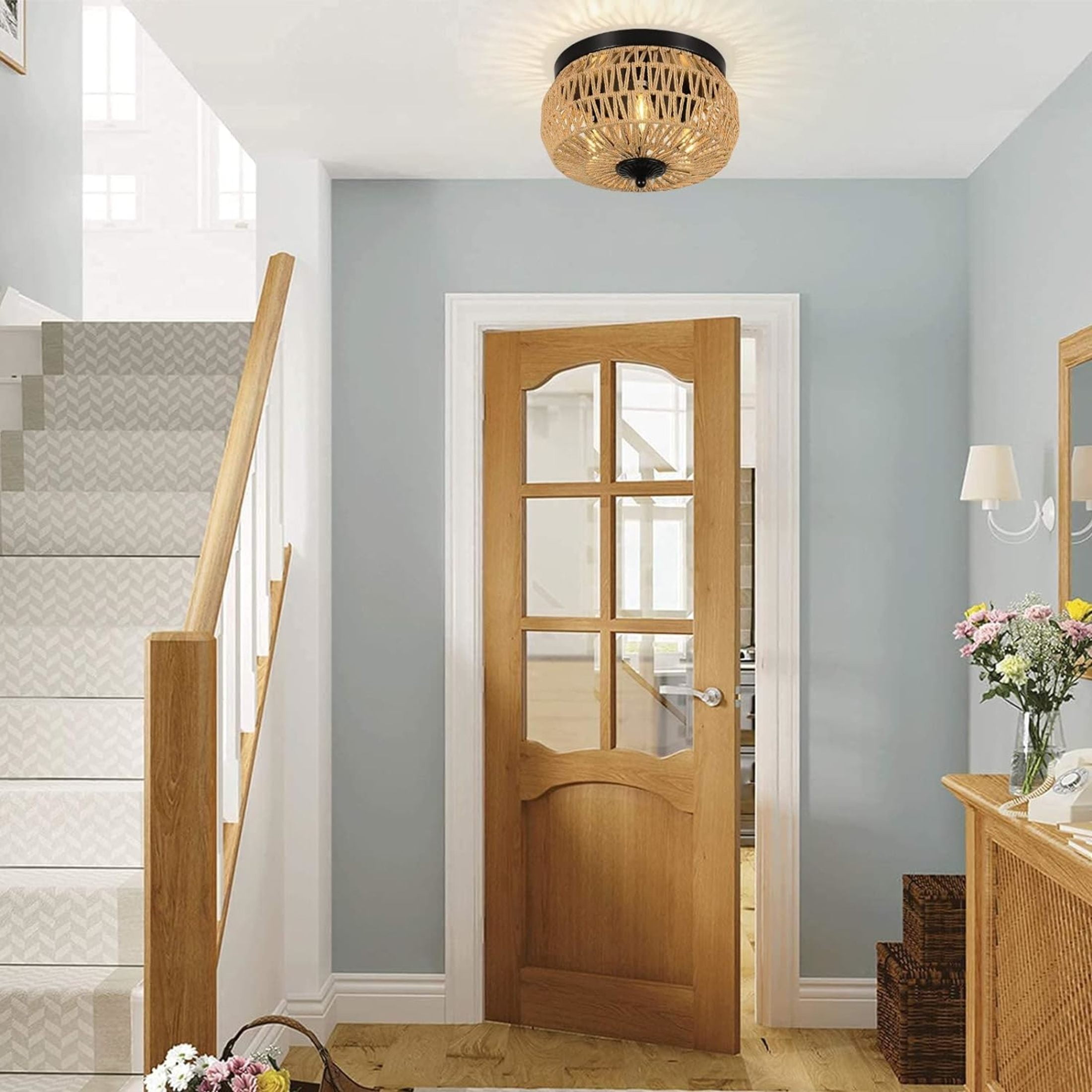 Noble House 3-Light Woven Rattan Flush Mount Ceiling Light, Natural Boho Cage Shade Close to Ceiling Fixture, Brown