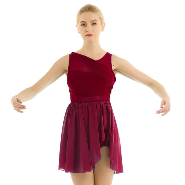 Moggemol Robe Fluide en Chiffon pour Femmes, Danse Ballet Lyrique, Robe Justaucorps Moderne Asymétrique Contemporaine Rouge Vin m