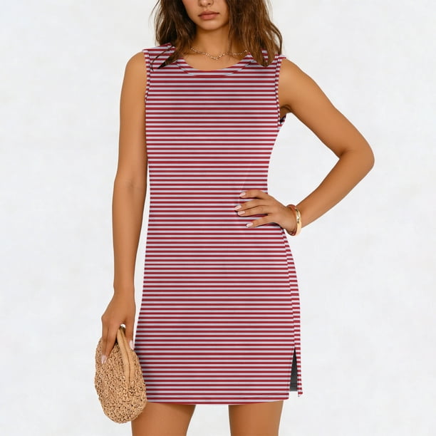 TaTaai Sleeveless Side Slit Dress Women's Solid Color Round Neck Slip Dress Casual Pullover Lightweight Stretchy Polyester Blend Gift