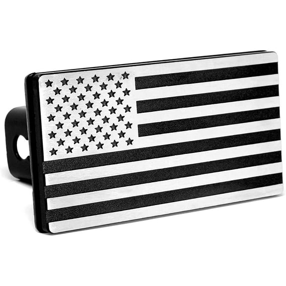 MULL USA Flag Heavy Duty Metal Hitch Cover (Fits 2" Receiver, Chrome & Black 7"x4")