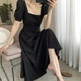 thumbnail image 3 of Women Summer Black Puff Sleeve Elegant Dress Square Collar A-Line Casual Solid, 3 of 10