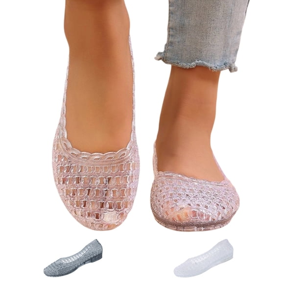 YOUYEDIAN Jelly Sandals for Women Ballet Dress Mesh Slip on Flat Shoes Summer Wide Closed Toe Mary Jane Mules Trendy Beach Sandals (White)
