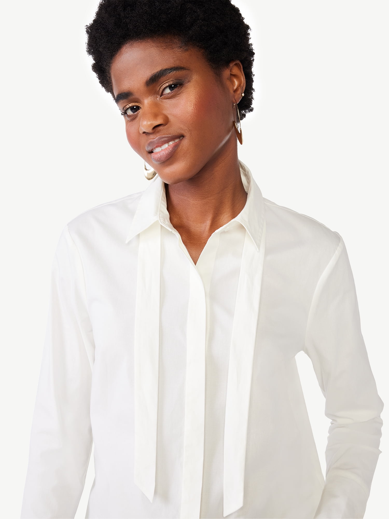 Scoop Women's Tie Neck Button Front Poplin Tunic Shirt with Long