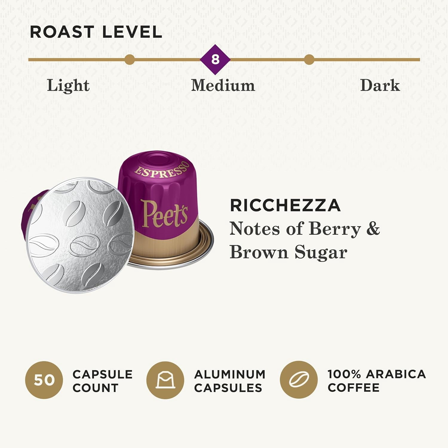 Peet's Coffee, Medium Roast Espresso Capsules, Compatible with Nespresso Original Machine, 100% Arabica Coffee - Ricchezza Intensity 8, 50 Count (5 Boxes of 10 Espresso Capsules)