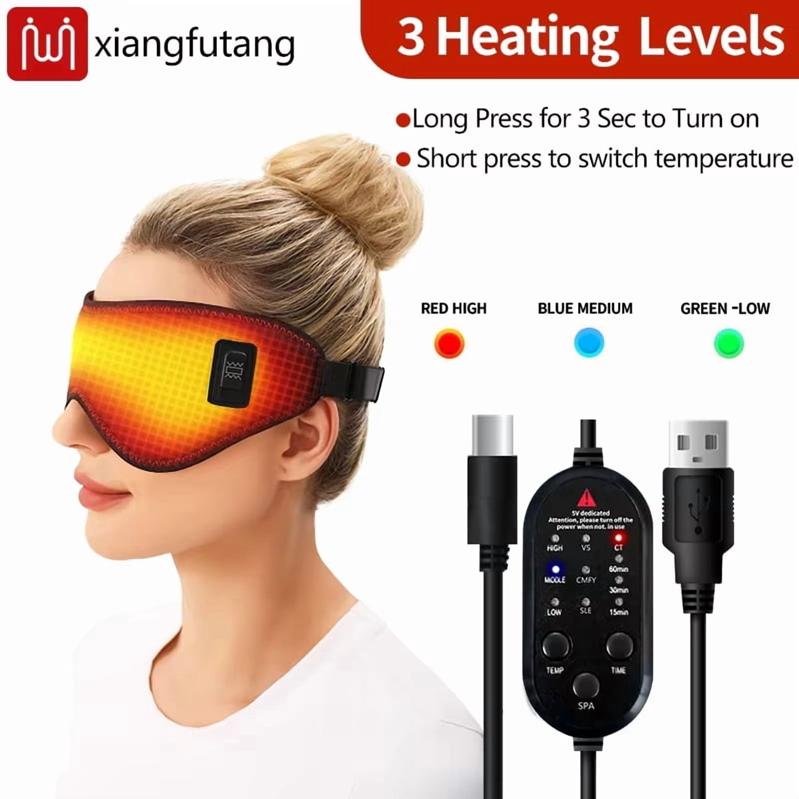 USB Heated Sleep Mask, Far Infrared Eye Warmer, 3 Heat Levels, Adjustable Blackout, Non-Vibrating