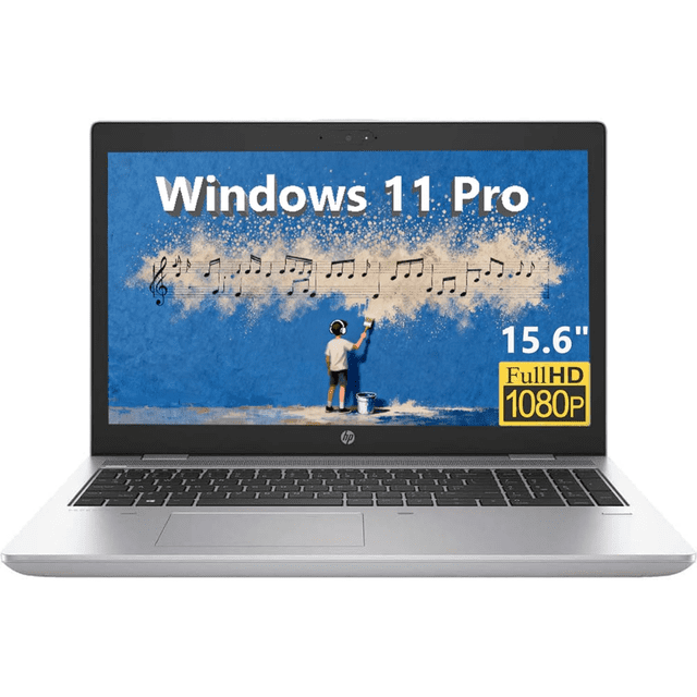 laptop hp probook 650 g4 intel core i5-8350u 8gb ram 256gb ssd 15.6″ fhd (reacondicionada) Reacondicionada — Frontal de la HP ProBook 650 G4 color plata con pantalla abierta que muestra 'Windows 11 Pro' y etiqueta '15.6" Full HD 1080p', teclado completo con teclado numérico, panel táctil y cámara web en el bisel superior. Adecuada para oficina y home office.
