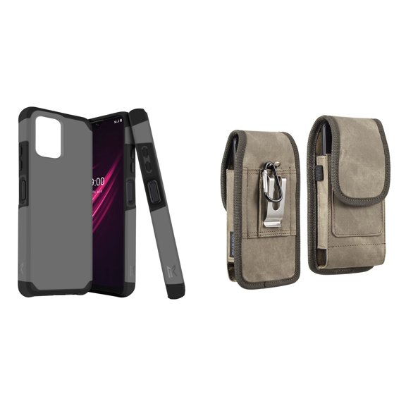 Case and Pouch Bundle for REVVL 6 5G: Dual Layer Slim Case (Grey) and Vertical Rugged Denim Nylon Belt Holster (Brown)
