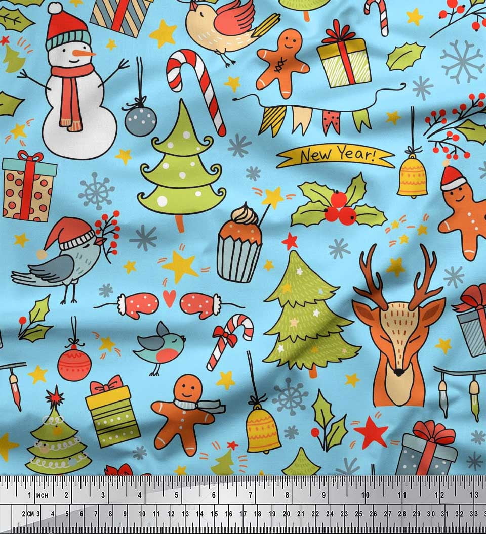 Soimoi Cotton Cambric Fabric Gift Box,Snowman & Tree Christmas Print Fabric by Yard 56 Inch Wide