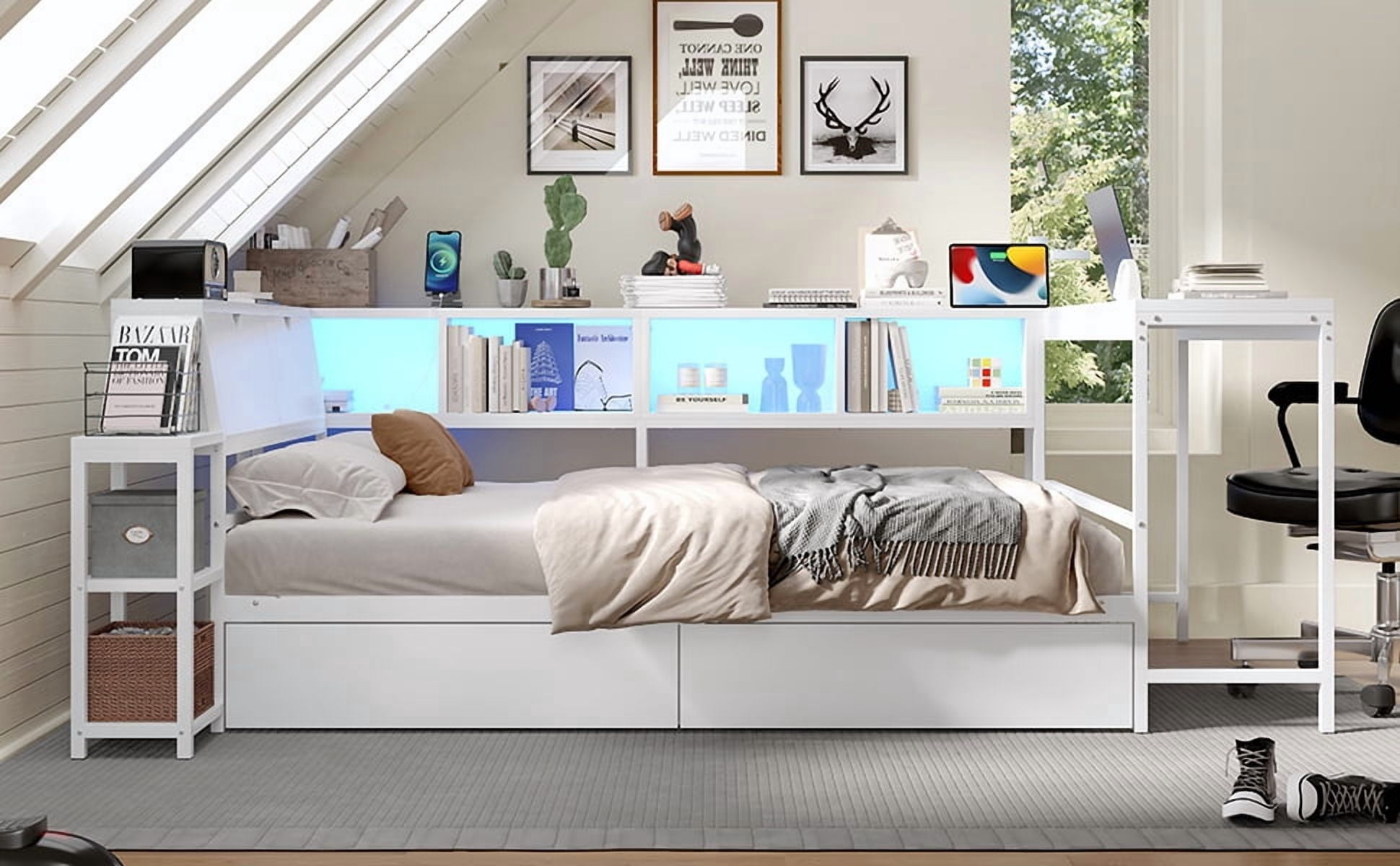 Corner Bed Frame Full Size with Bookcase and 2 Underbed Storage Drawers, Modern Bed with LED Light and Charging Station, Left and right interchangeable, White