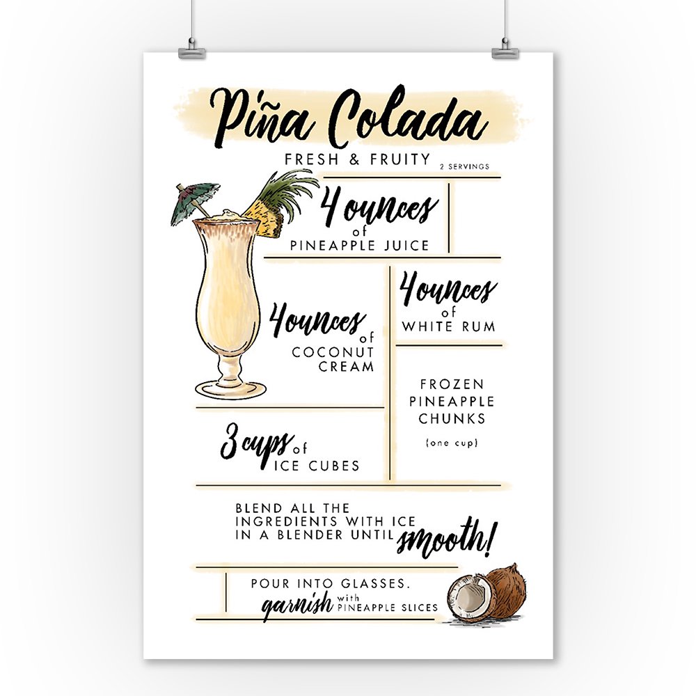 Pina Colada Cocktail Recipe Lantern Press Artwork (9x12 Art Print