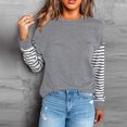 thumbnail image 4 of Blusa de mujer Cuello redondo Costuras a rayas Hombro caído Manga larga Blusa de ajuste casual para otoño Gris M, 4 of 7