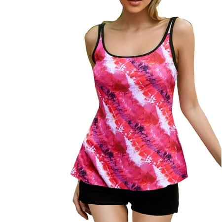 Wyobmus Tankini Swimsuits for Women Two Piece Tummy Control Bathing Suit High Waist Printing Padded Swim Dress With Boyshorts J-Red