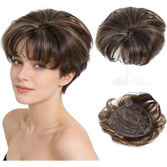 Yanonmyfd Short Hair Topper for Women Boost Volume,Clip in Textured Wavy Topper Hairpiece Synthetic Fibers with Breathable Rose Base 6.5x6.5 Inch T4-88# Salt-and-Pepper Gray Wiglet Hairpice for Mom